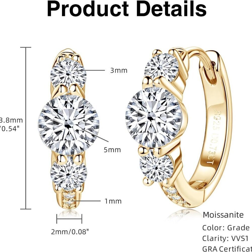 Sterling Silver 3 Stone Moissanite Hoop Earrings Hypoallergenic Jewelry Gifts - Picture 6 of 6